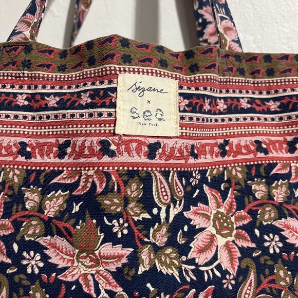 Sezane Sea Tote Bag Blue Paisley Boho Fleurs Fond Marine Large Floral Canvas - Picture 2 of 5